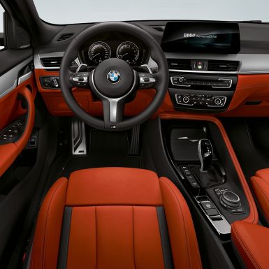Volanul M îmbrăcat în piele al BMW X2 M35i Imagine în prim-plan cu volanul M îmbrăcat în piele al BMW X2 M35i, F39