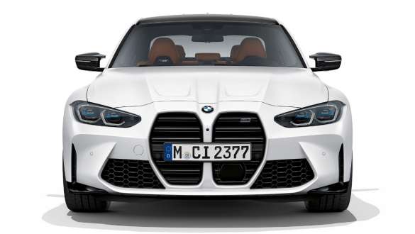Designul frontal al modelului BMW M3 Competition Sedan G80 2020 în Alb Frozen Brilliant metalizat Imagine din partea din faţă cu designul frontal al BMW M3 Competition Sedan G80 2020 în Alb Frozen Brilliant metalizat