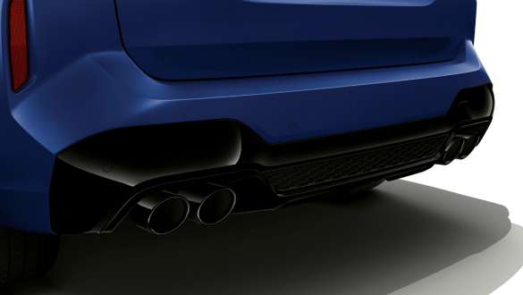 Sistemul de evacuare M Sport al unui BMW X3 M Competition F97 LCI Facelift 2021 Imagine din partea din spate cu sistemul de evacuare M Sport al unui BMW X3 M Competition F97 LCI Facelift 2021 în Albastru Frozen Marina Bay