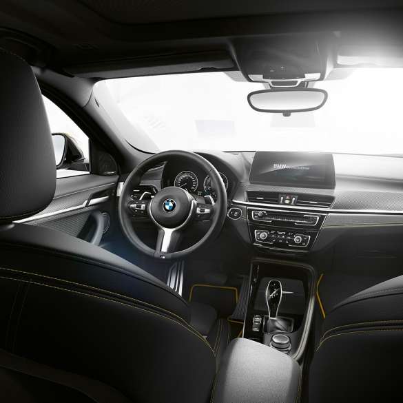Volanul îmbrăcat în piele al BMW X2, F39 Imagine în prim-plan cu volanul îmbrăcat în piele al BMW X2, F39, 2018