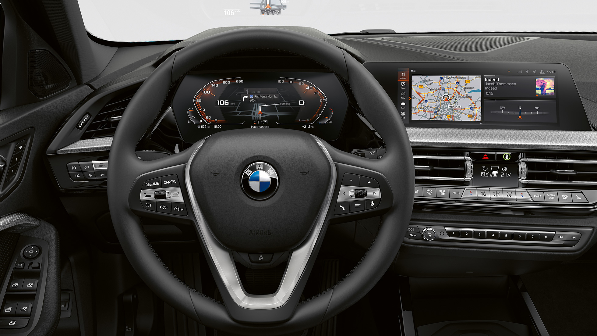 Volan Sport îmbrăcat în piele. Imagine cu habitaclul BMW Seria 1 Model Luxury Line cu volan Sport îmbrăcat în piele.