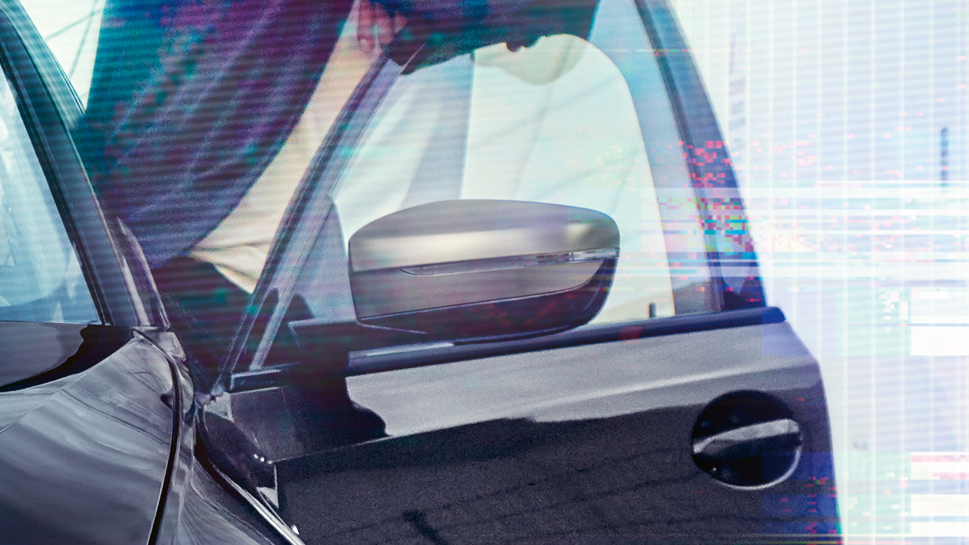 Oglinzile exterioare ale BMW Seria 3 Sedan. Imagine detaliată cu portiera deschisă a conducătorului auto cu oglinzile exterioare în Gri Cerium metalizat.