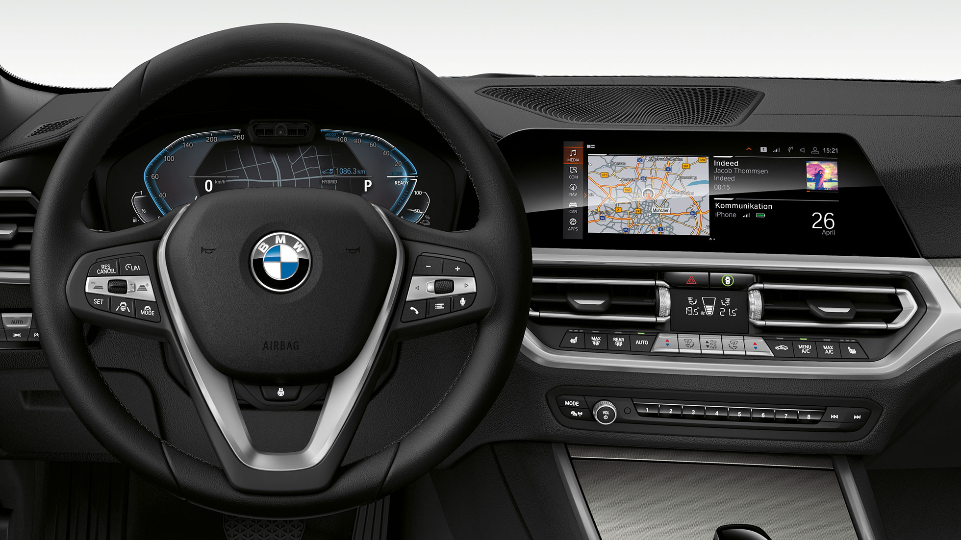 Habitaclul BMW Seria 3 Sedan. Imagine detaliată a părţii frontale a habitaclului cu afişaj specific i al BMW Seria 3 Sedan.