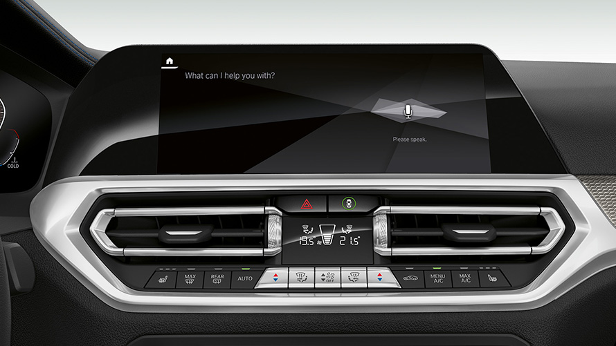 BMW Seria 3 Sedan (G20), BMW Intelligent Personal Assistant. Imagine în prim plan cu partea din faţă a afişajului panoului de bord al BMW Seria 3 Sedan (G20) cu BMW Intelligent Personal Assistant.