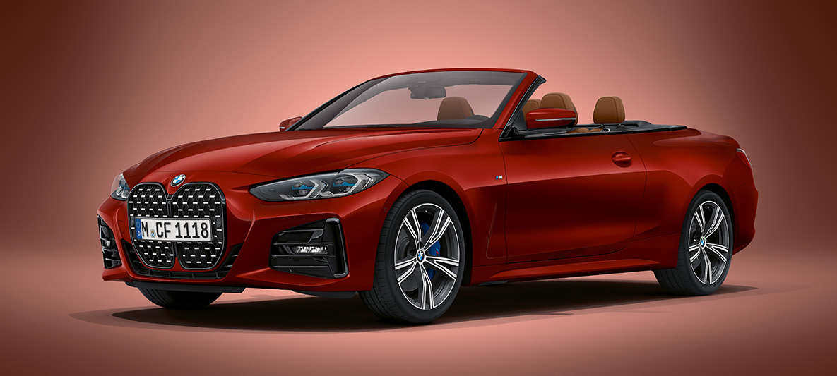 BMW Seria 4 Cabriolet G23 2020, BMW Individual Roşu Aventurin Imagine cu trei sferturi din partea frontală a BMW Seria 4 Cabriolet G23 2020, BMW Individual Roşu Aventurin, staţionând