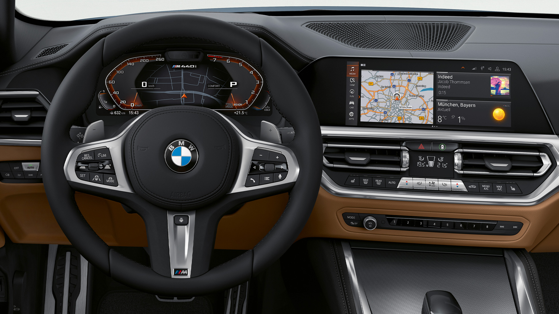 Volanul şi asistentul vocal ale BMW Seria 4 Coupé, G22 Imagine cu interiorul BMW Seria 4 Coupé, G22, 2020, cu volan şi asistent vocal