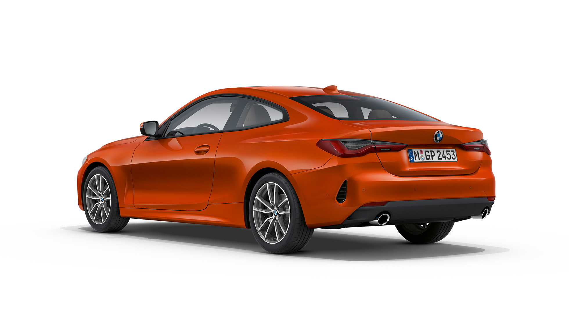 Imagine cu trei sferturi din partea spate a BMW Seria 4 Coupé, G22, 2020, cu echipamente de bază Imagine cu trei sferturi din partea spate a BMW Seria 4 Coupé, G22, 2020, în Portocaliu Sunset metalizat, cu echipamente de bază