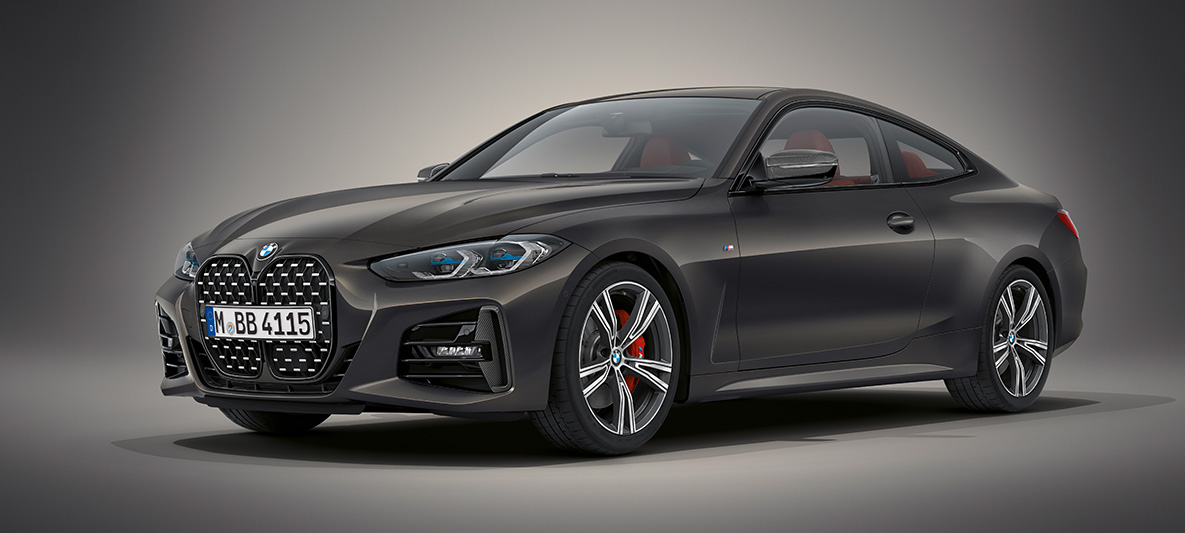 BMW Seria 4 Coupé Individual, G22, 2020, în Gri Dravite metalizat de la BMW Individual Imagine cu trei sferturi din partea frontală a BMW Seria 4 Coupé Individual, G22, 2020, în Gri Dravite metalizat, staţionând