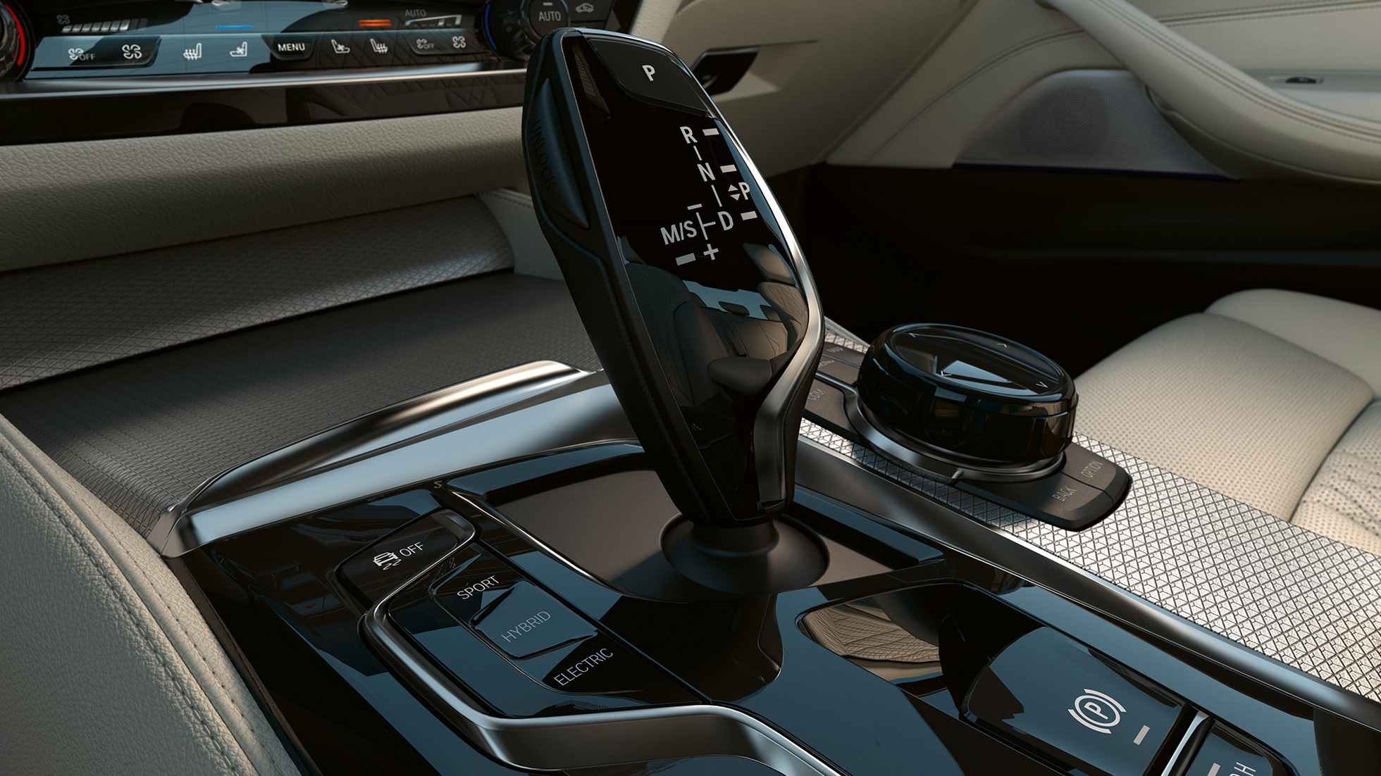 Elementele de control ale BMW Seria 5 Sedan, G30 Imagine din interior cu elementele de control negre lucioase ale BMW Seria 5 Sedan, G30, Facelift, 2020