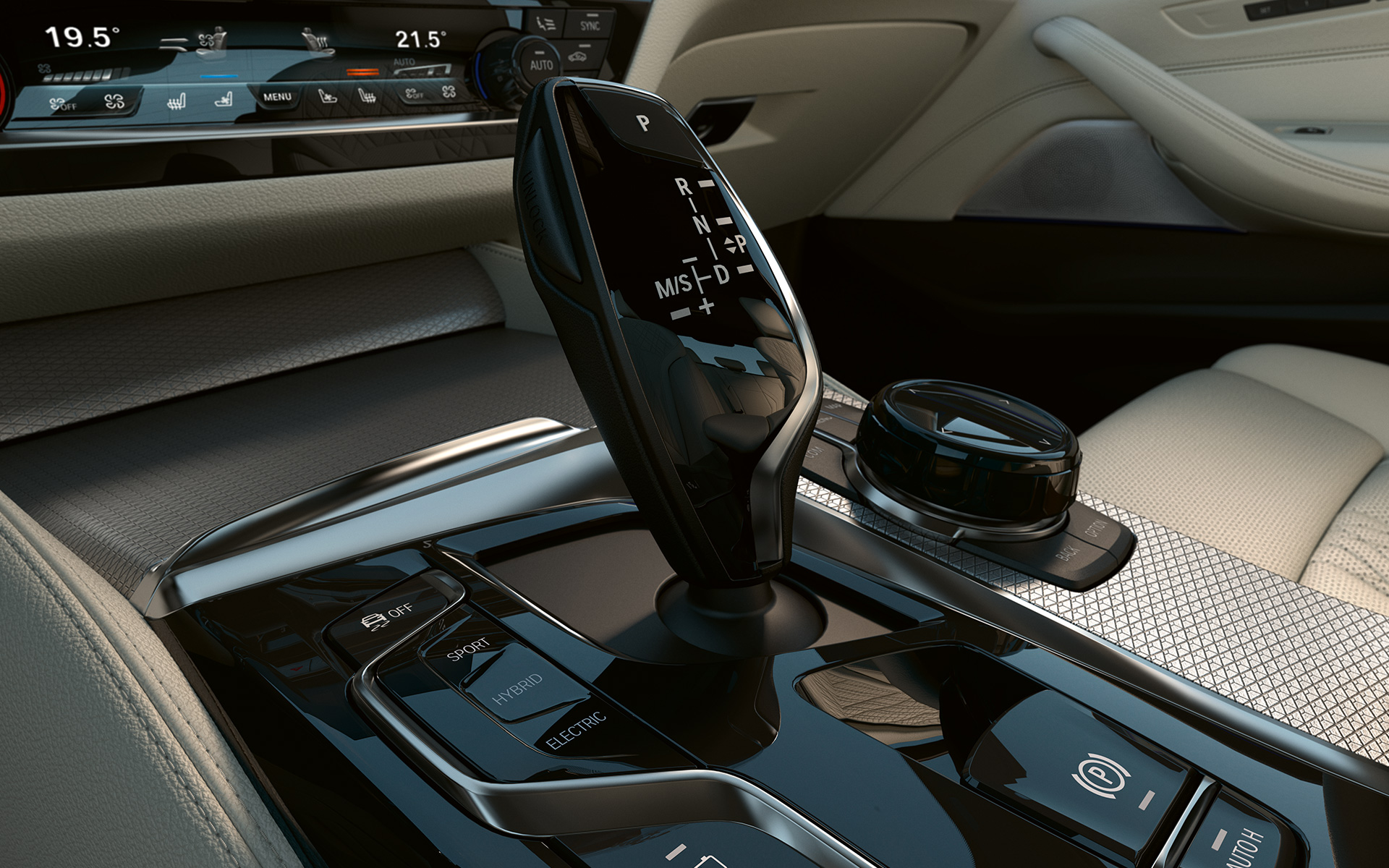 Elementele de control ale BMW Seria 5 Sedan, G30 Imagine din interior cu elementele de control negre lucioase ale BMW Seria 5 Sedan, G30, Facelift, 2020
