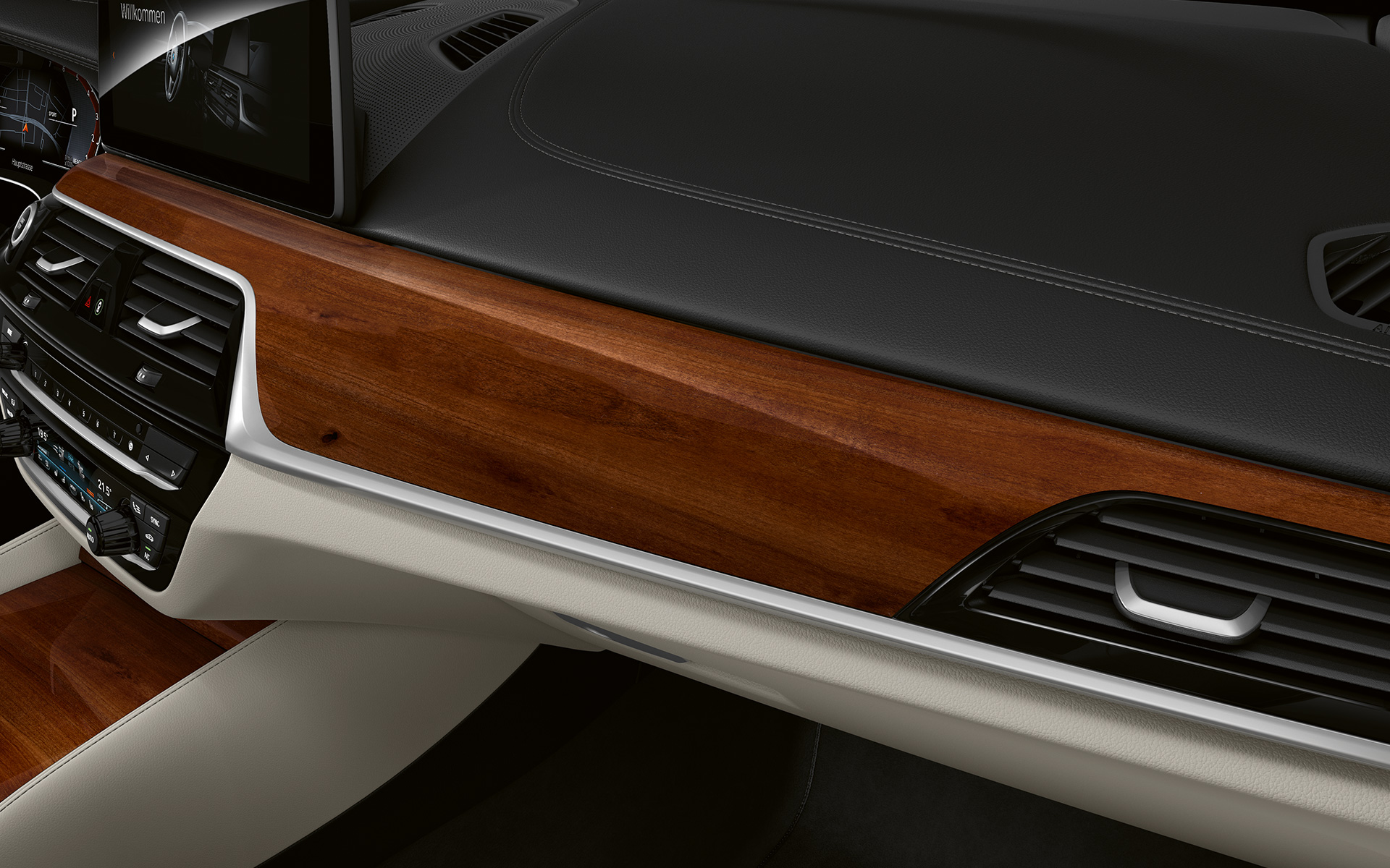 Ornamente BMW Individual din lemn fin maro din prun lucios cu detalii în Crom Pearl pentru habitaclul BMW Seria 6 Gran Turismo G32 2020