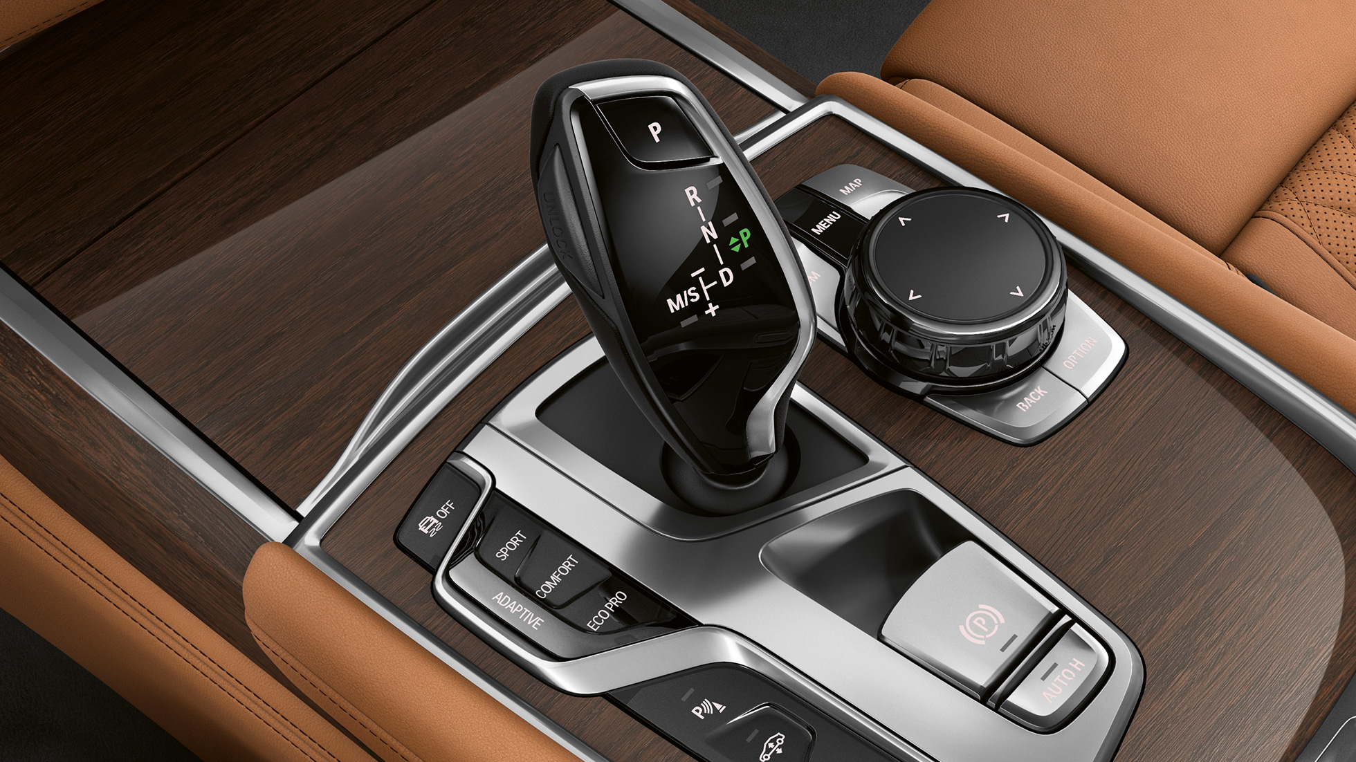 Schimbătorul de viteze al BMW Seria 7 Sedan cu pachetul Design Exterior Pure Excellence Imagine în prim-plan cu schimbătorul de viteze al BMW Seria 7 Sedan cu pachetul Design Exterior Pure Excellence