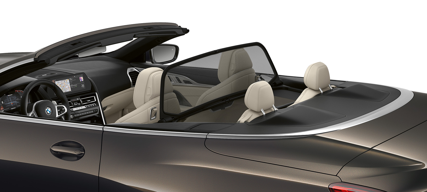 Perspectivă laterală asupra BMW M850i xDrive în Gri Dravit metalizat cu soft-top-ul deschis. Perspectivă laterală asupra BMW M850i xDrive în Gri Dravit metalizat cu soft-top-ul deschis.