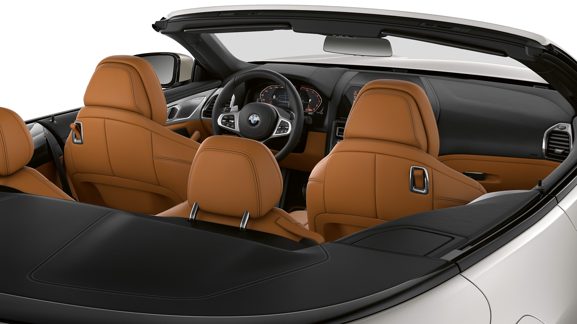 Imagine cu interiorul BMW M850i xDrive cu soft-top-ul deschis. Imagine cu interiorul BMW M850i xDrive cu soft-top-ul deschis.