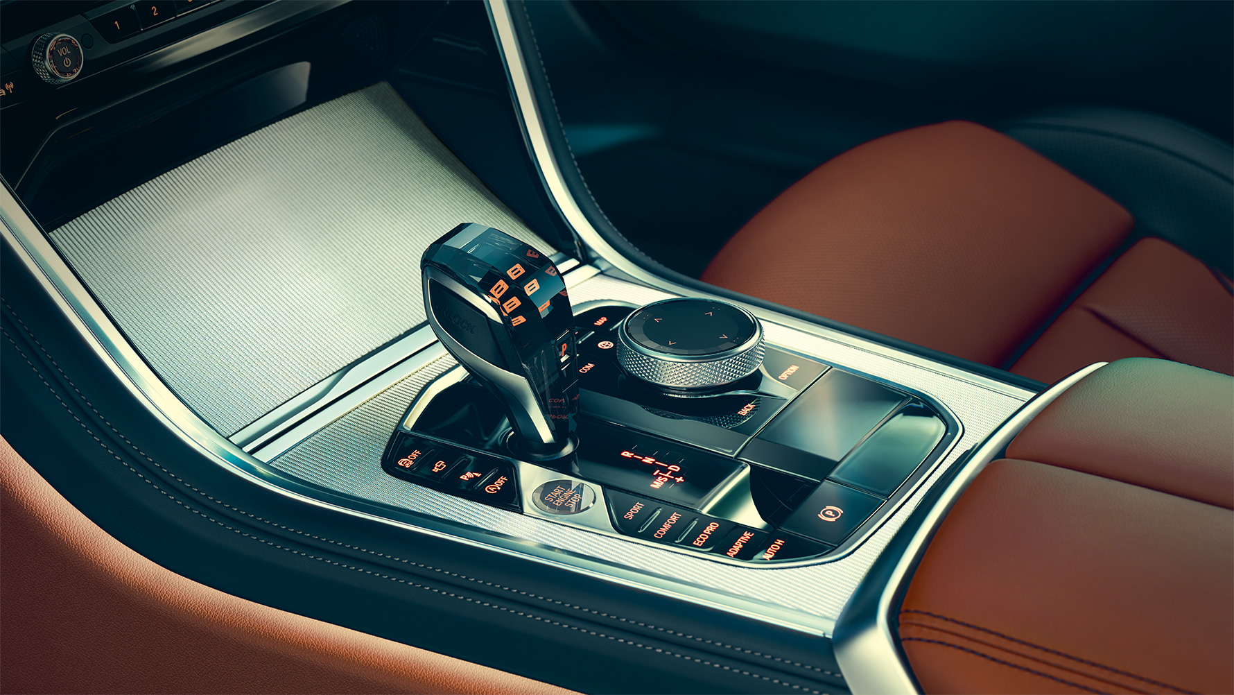 Consola centrală a BMW Seria 8 Coupé Imagine în prim-plan cu interiorul BMW Seria 8 Coupé, focalizată pe consola centrală.