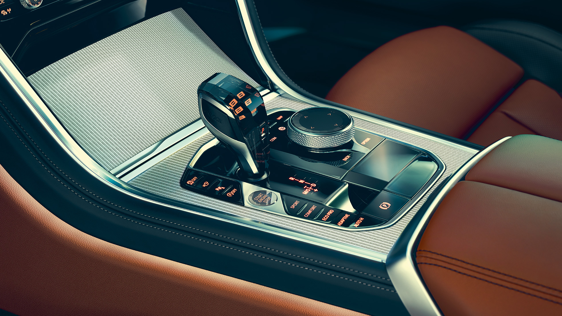 Interiorul BMW Seria 8 Coupé. Interiorul BMW Seria 8 Coupé cu imagine în prim-plan cu schimbătorul de viteze.