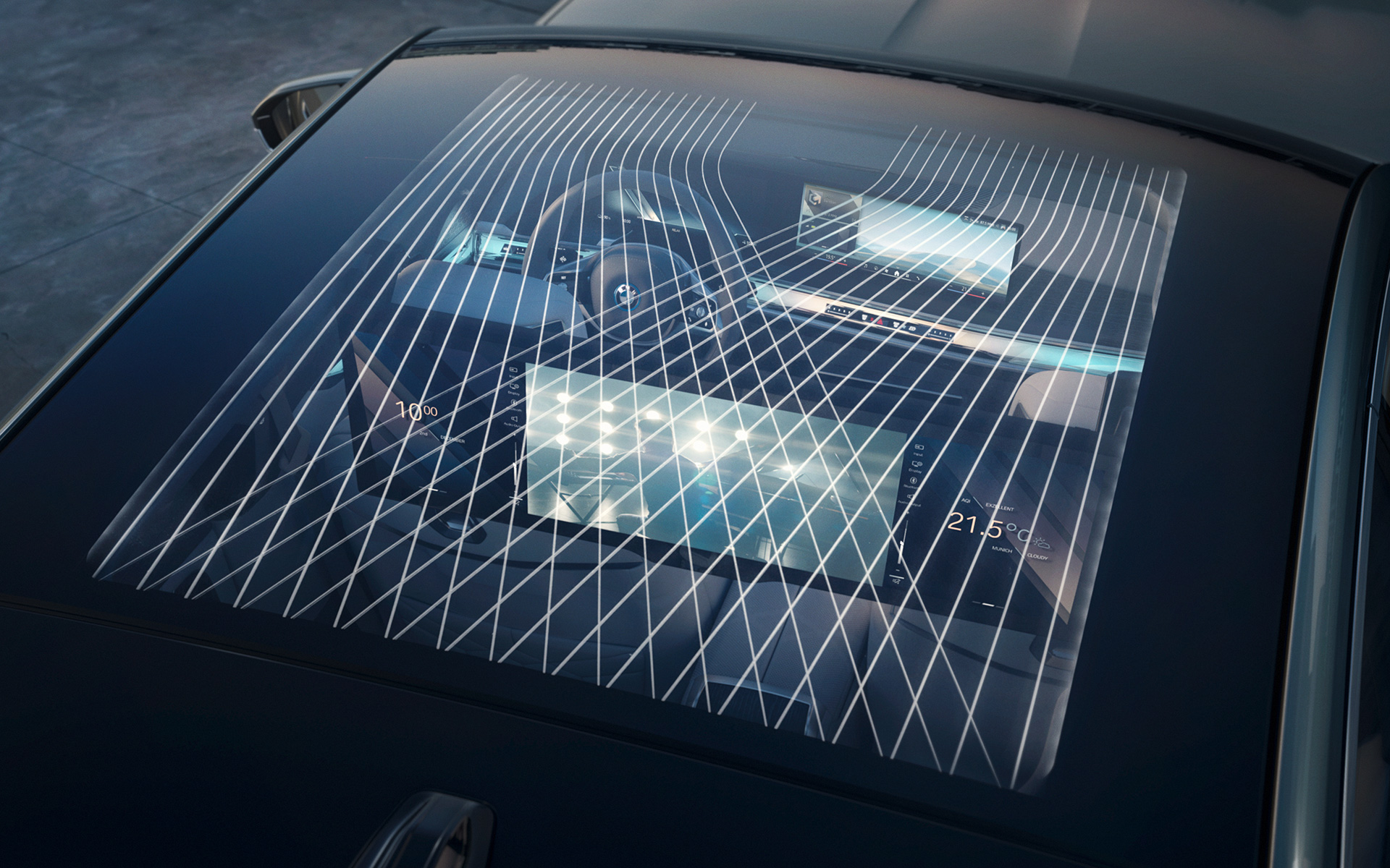 Interiorul unui BMW i7 Sedan G70 cu plafon panoramic din sticlă Sky Lounge Interiorul unui BMW i7 Sedan G70 cu plafon panoramic din sticlă Sky Lounge iluminat
