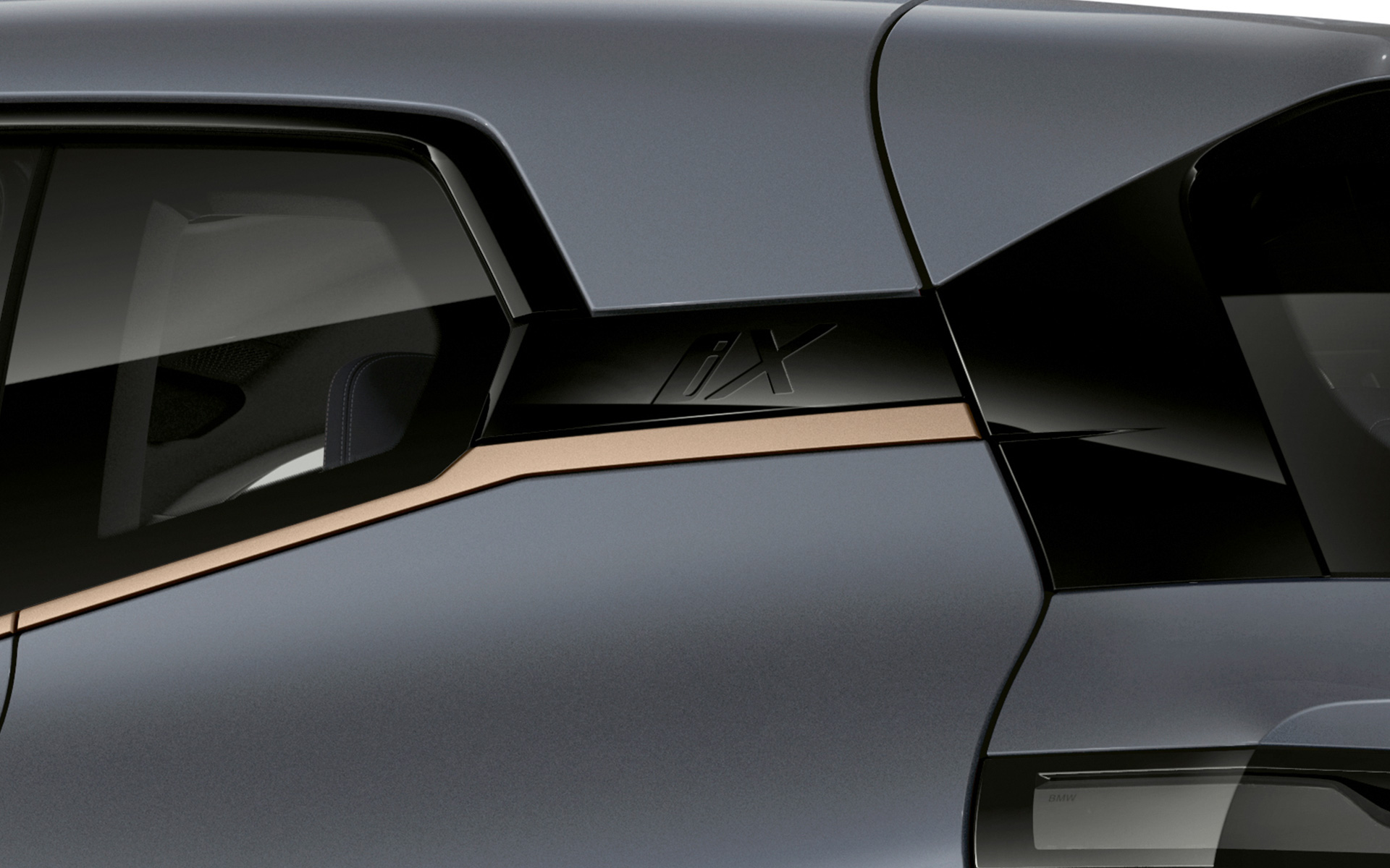 Emblema iX, pachetul BMW Individual Bronz Titanium pentru exterior BMW iX M60 i20 2022, SUV electric, BMW Individual Storm Bay BMW iX M60 i20 2022 SUV electric, BMW Individual Storm Bay BMW Individual Bronz Titanium pentru exterior