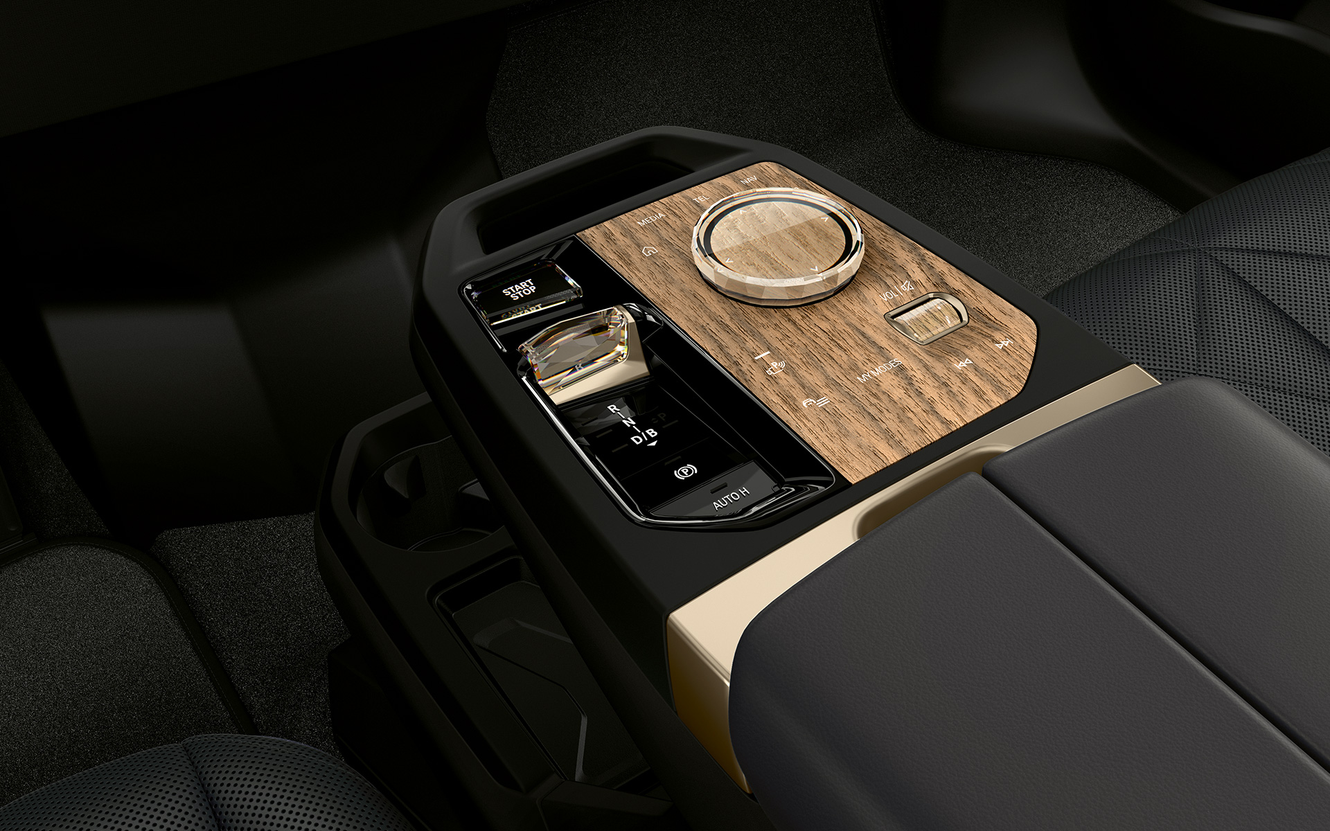 Consola centrală cu butonul Start/Stop şi controller-ul BMW ale BMW iX M60 i20 2022, SUV electric, automobil electric BMW iX M60 i20 2022, SUV electric, automobil electric, Consola centrală cu butonul Start/Stop şi controller-ul BMW