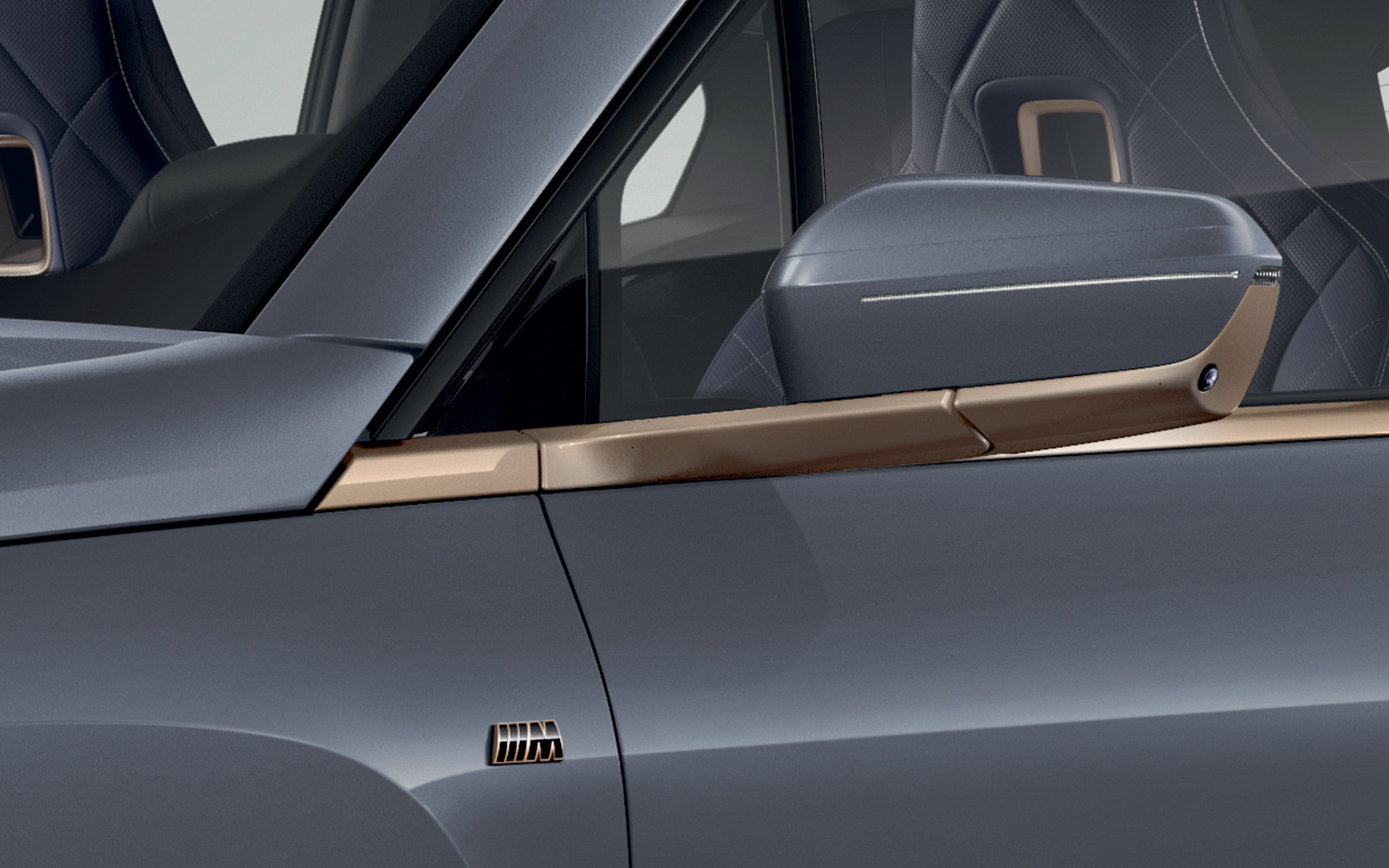 Pachetul BMW Individual pentru exterior Bronz Titanium, oglinda exterioară a BMW iX M60 i20 2022, SUV electric, BMW Individual Storm Bay BMW iX M60 i20 2022, SUV electric, BMW Individual Storm Bay, pachetul BMW Individual pentru exterior Bronz Titanium, oglinda exterioară