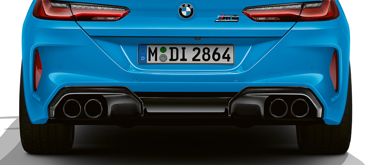 Difuzor cu plastic ranforsat cu fibră de carbon, BMW M8 Competition Coupé, Albastru Daytona Beach BMW M8 Competition Coupé, Albastru Daytona Beach, pachet exterior M Carbon, spoiler spate, difuzor cu inserţii din plastic ranforsat cu fibră de carbon