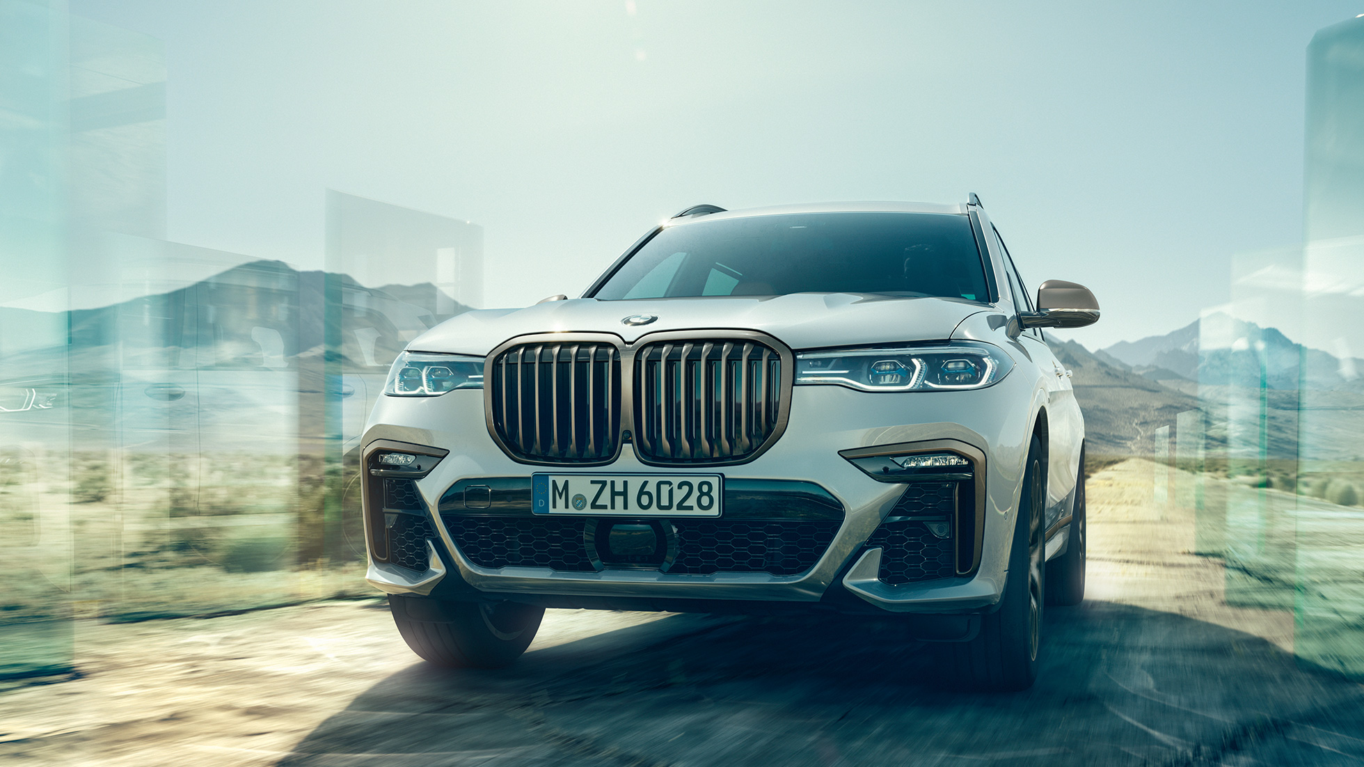 Imagine cu partea frontală a BMW X7 M50d Imagine cu partea frontală a BMW X7 M50d în Alb Mineral, G07, 2019