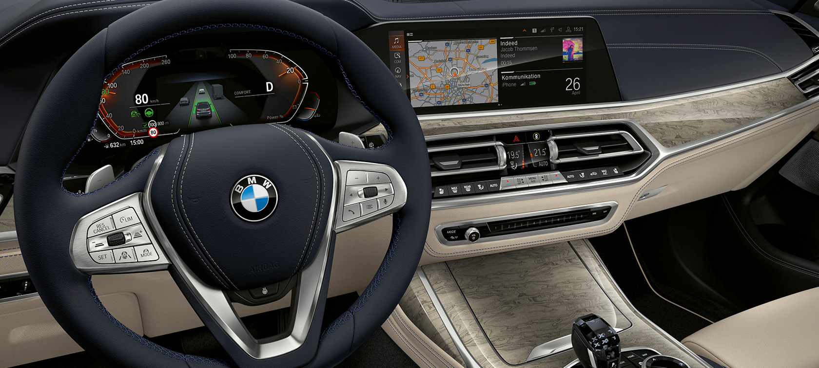 Echipamentele inovatoare ale BMW X7 Habitaclul BMW X7 cu centrare pe panoul de instrumente şi pe panoul conducătorului auto