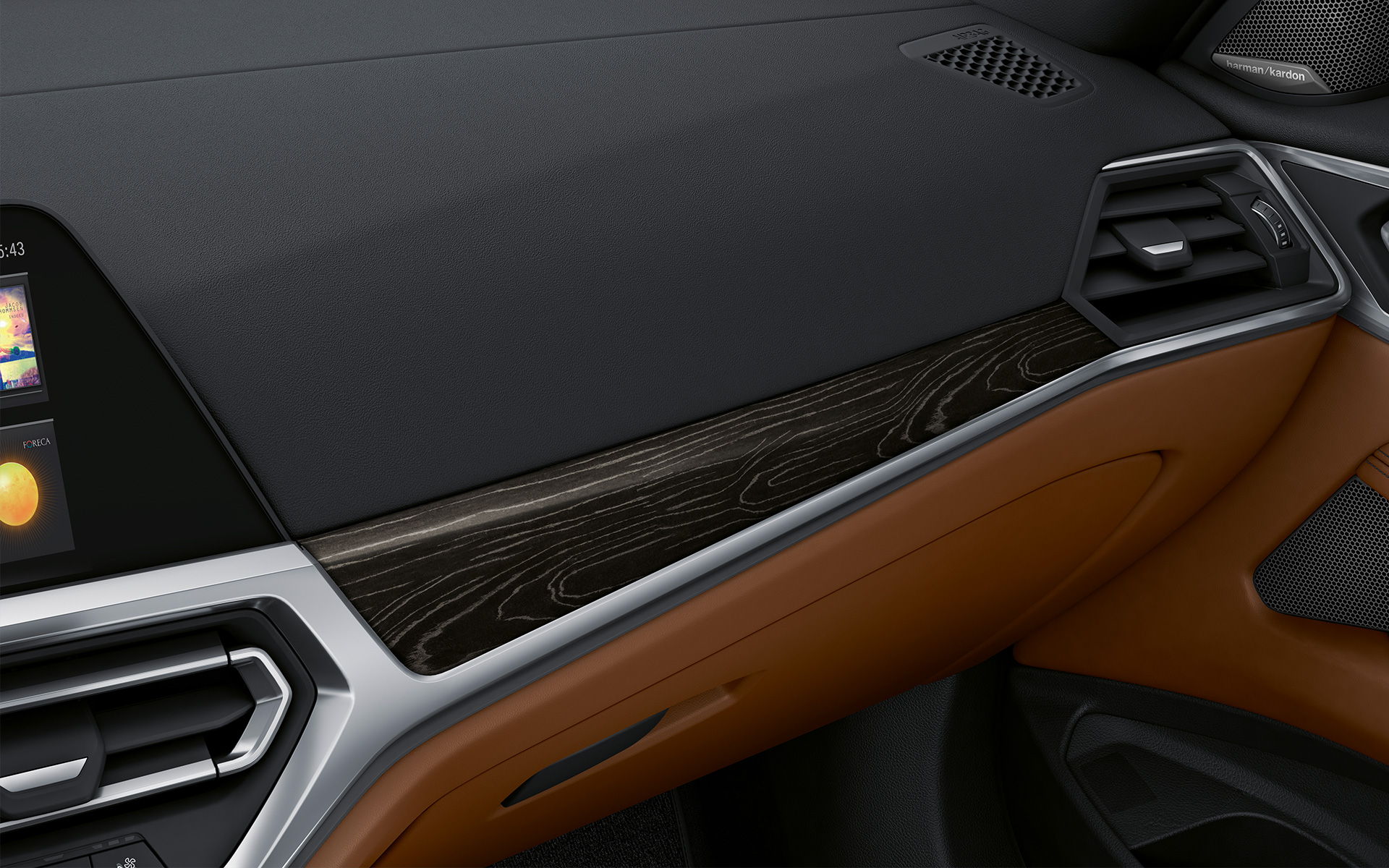 Ornamente BMW Individual din lemn fin Fineline Negru, cu efect argintiu, prim plan Ornamente BMW Individual din lemn fin Fineline Negru, cu efect argintiu, prim plan